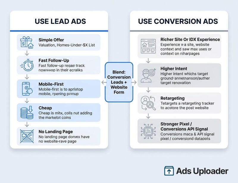 Infografica decisionale che confronta Lead Ads e conversion ads per agenti immobiliari, con la colonna Lead Ads che favorisce un'offerta semplice come una valutazione o lista di case sotto un prezzo, follow-up rapido, flow mobile-first, lead economici e nessuna landing page, la colonna conversion ads che favorisce un'esperienza sito o IDX più ricca, intenzione più alta, retargeting e segnale Pixel e Conversions API più forte, e un nodo centrale che suggerisce un approccio misto Conversion Leads più modulo web.