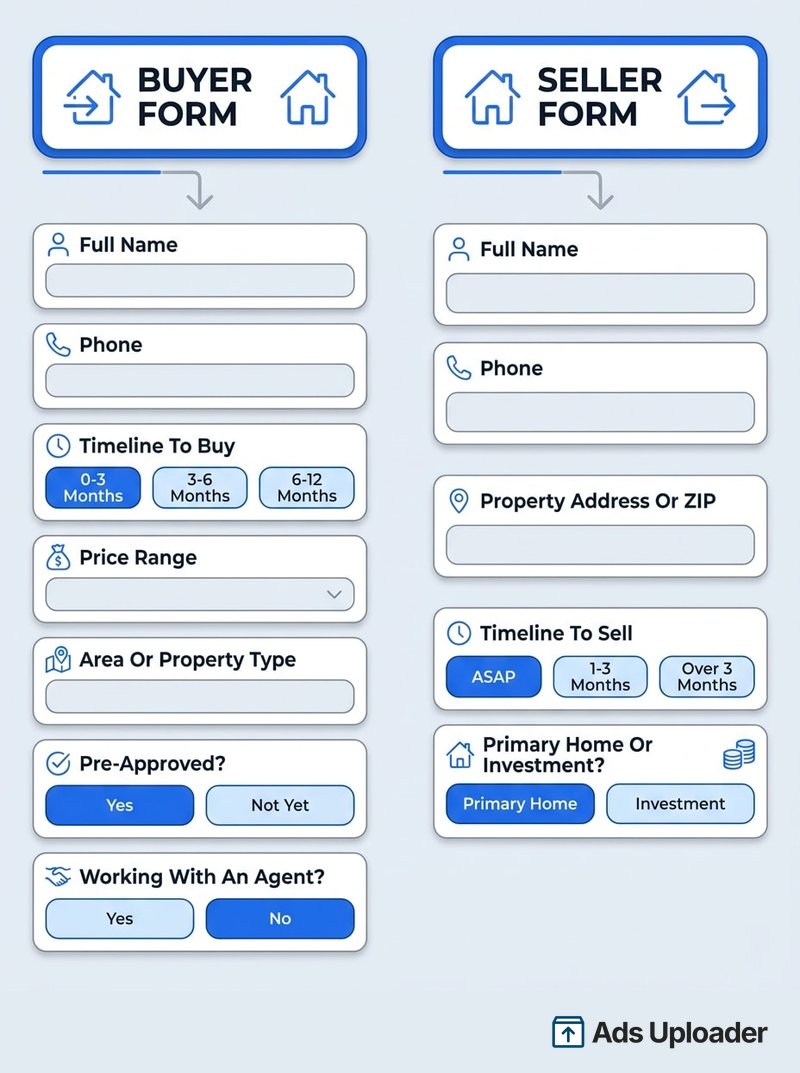 Infografica affiancata che confronta un lead form immobiliare per acquirenti e un lead form per venditori, con il modulo acquirente che raccoglie nome completo, telefono, tempistiche di acquisto (0-3, 3-6, 6-12 mesi), fascia prezzo, area o tipo di proprietà, stato di pre-approvazione e se stanno già lavorando con un agente, mentre il modulo venditore raccoglie nome completo, telefono, indirizzo della proprietà o ZIP, tempistiche di vendita (ASAP, 1-3 mesi, oltre 3 mesi) e se la proprietà è casa principale o investimento.