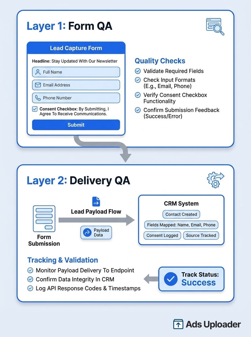 Diagrama de dos capas que contrasta los dos tipos de QA pre-lanzamiento de lead forms, con Layer 1 Form QA arriba mostrando un formulario de captura de lead con full name, email, phone y un checkbox de consentimiento junto a checks de calidad para campos requeridos, formatos de input, funcionalidad de consentimiento y feedback de envío, y Layer 2 Delivery QA abajo trazando el flujo del payload del lead desde el envío del formulario hacia un sistema CRM donde se crea el contacto, se mapean campos, se registra el consentimiento y se rastrea la fuente, con pasos de tracking y validación monitoreando entrega de payload, confirmando integridad de datos y registrando códigos de respuesta API para confirmar estado Success.