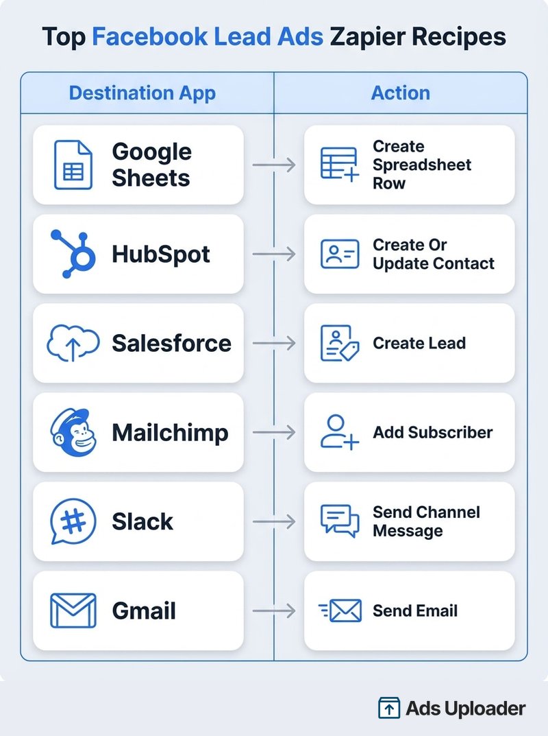 Zweispaltige Tabelle der Top Facebook Lead Ads Zapier Rezepte, die jede Ziel-App mit ihrem passenden Action Event kombiniert: Google Sheets mit Create Spreadsheet Row, HubSpot mit Create Or Update Contact, Salesforce mit Create Lead, Mailchimp mit Add Subscriber, Slack mit Send Channel Message und Gmail mit Send Email.