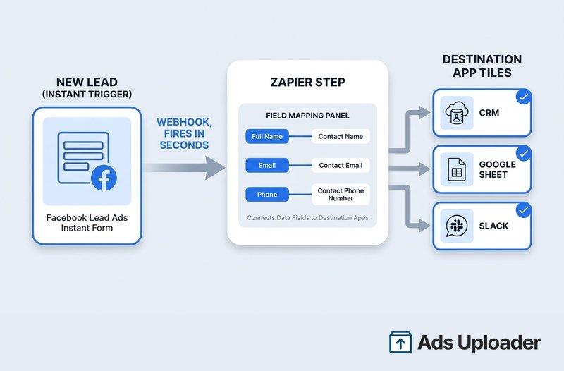Infografik, die zeigt, wie der Facebook Lead Ads New Lead Instant Trigger ein übermitteltes Instant Form per Webhook in Sekunden in einen zentralen Zapier-Schritt pusht, wo ein Feldzuordnungs-Panel Full Name, Email und Phone mit Contact Name, Contact Email und Contact Phone Number verbindet, bevor es zu Ziel-App-Kacheln für CRM, Google Sheet und Slack auffächert.