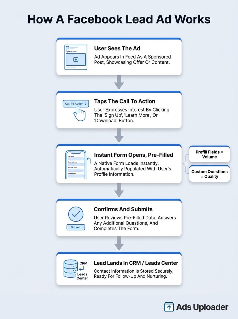Infografía que muestra el flujo de Facebook lead ads desde la impresión del anuncio hasta la captura del lead: el usuario toca el anuncio, se abre un instant form pre-rellenado dentro de Facebook o Instagram, el usuario confirma datos y envía, y el lead se sincroniza con un CRM o Leads Center, con campos prefill etiquetados como volumen y preguntas custom etiquetadas como calidad