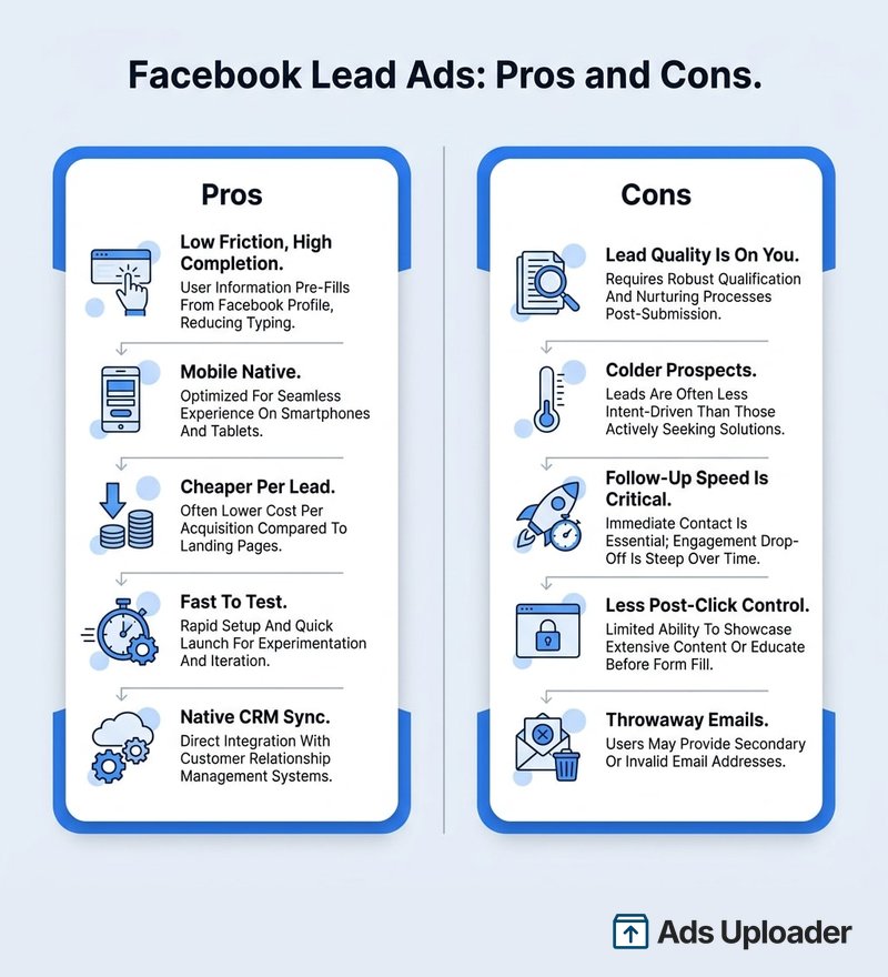 Infografía que compara pros y contras de Facebook lead ads lado a lado: pros como baja fricción y alta finalización, nativo móvil, menor cost per lead, pruebas rápidas de oferta y sincronización CRM nativa, frente a contras como riesgo de calidad de lead, prospectos más fríos, dependencia de velocidad de seguimiento, menos control post-clic y emails descartables