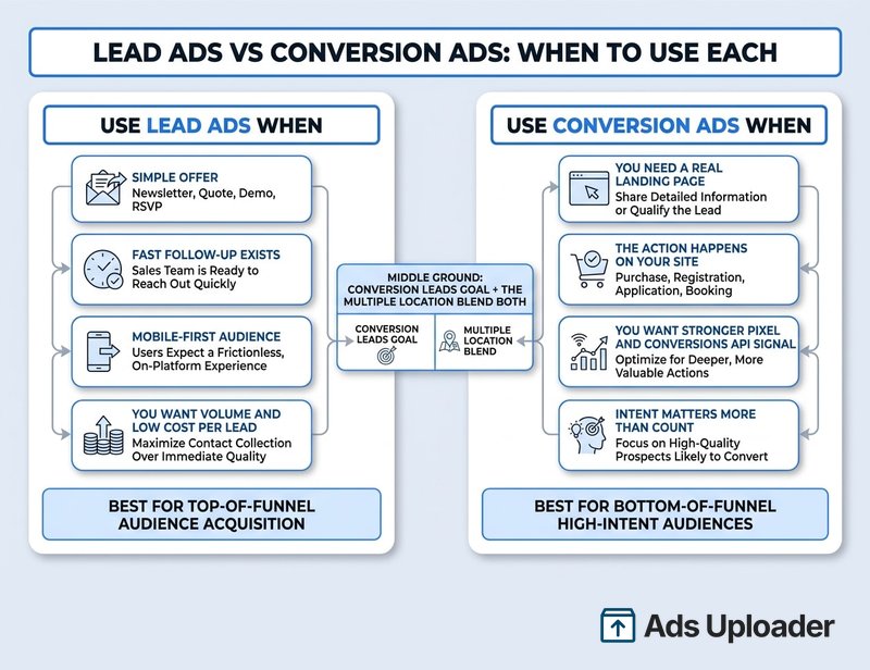 Guía visual de decisión para Facebook lead ads versus conversion ads, con una columna izquierda que lista cuándo usar lead ads (oferta simple, seguimiento rápido, audiencia mobile-first, volumen y bajo cost per lead) y una derecha que lista cuándo usar conversion ads (landing page necesaria, acción en sitio, señal más fuerte de Pixel y CAPI, mayor intención sobre conteo), y una nota central indicando que Conversion Leads y Multiple location mezclan ambos