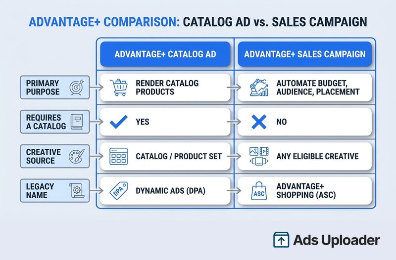 Side-by-side comparison of an Advantage+ catalog ad versus an Advantage+ sales campaign across four attributes.