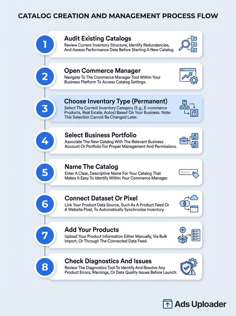 Vertical numbered flow of the eight steps to create a Facebook product catalog in Meta Commerce Manager.