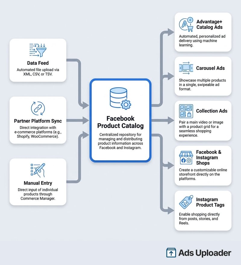 Diagram showing a Facebook product catalog as a central data hub fed by data feeds and syncs, powering Meta ads and shops.