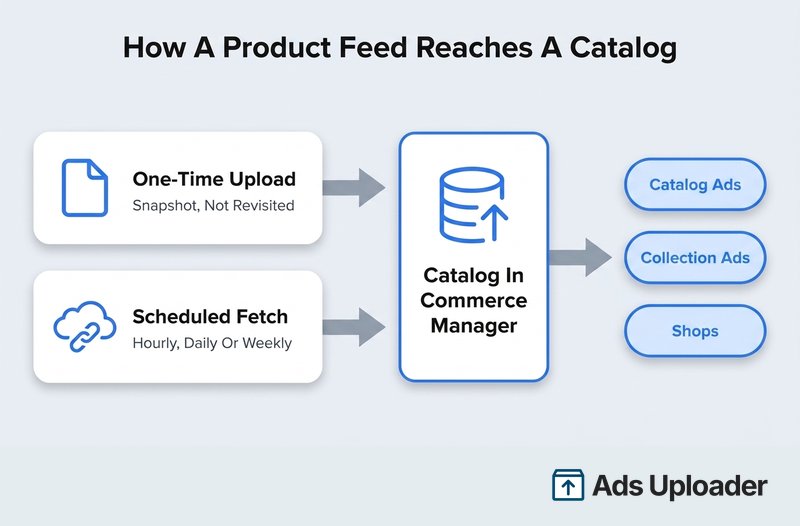Uploadwege eines Facebook product feeds mit einmaligem Upload und geplantem Abruf in einen Katalog