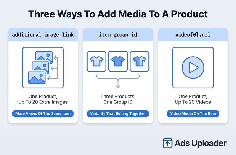 Vergleich von additional_image_link, item_group_id und Videofeldern in einem Facebook product feed