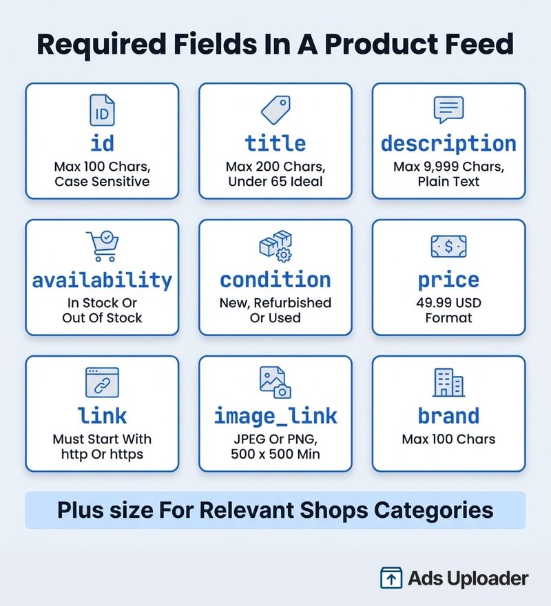 Pflichtfelder eines Facebook product feeds mit Zeichenlimits, Mindestbildgröße und Preisformat