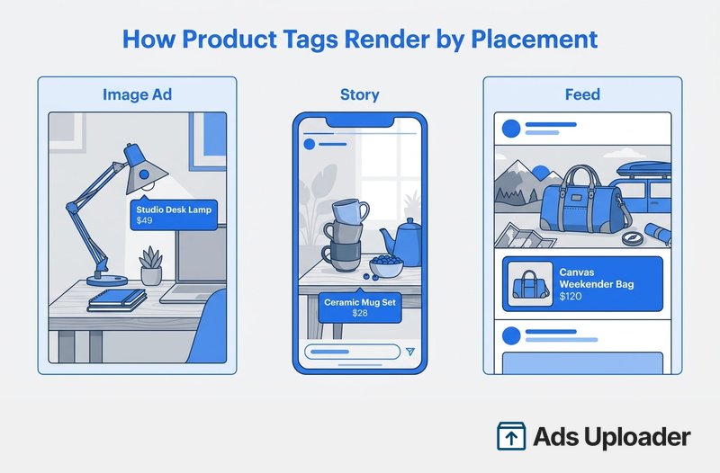 So erscheinen Produkt-Tags in verschiedenen Platzierungen für Facebook- und Instagram-Werbeanzeigen: Bild-Tooltip, Story-Sticker und Produktkarte im Feed.
