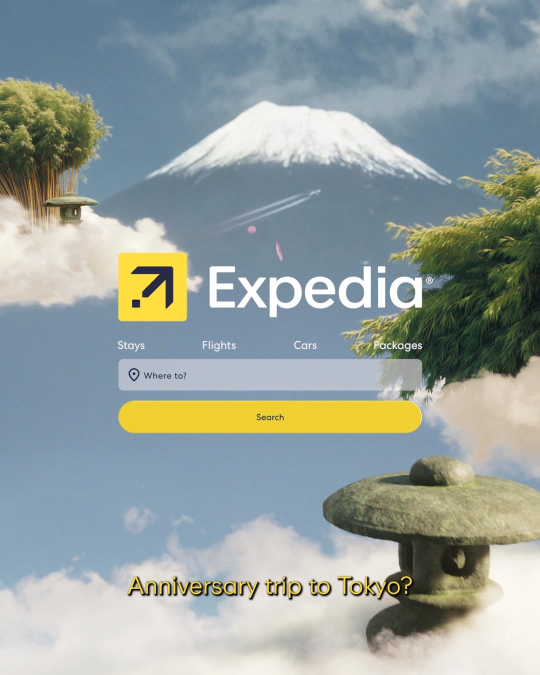 Expedia video ad, a dreamlike Mount Fuji scene behind a mock Expedia search bar with tabs for Stays, Flights, Cars and Packages and the caption Anniversary trip to Tokyo