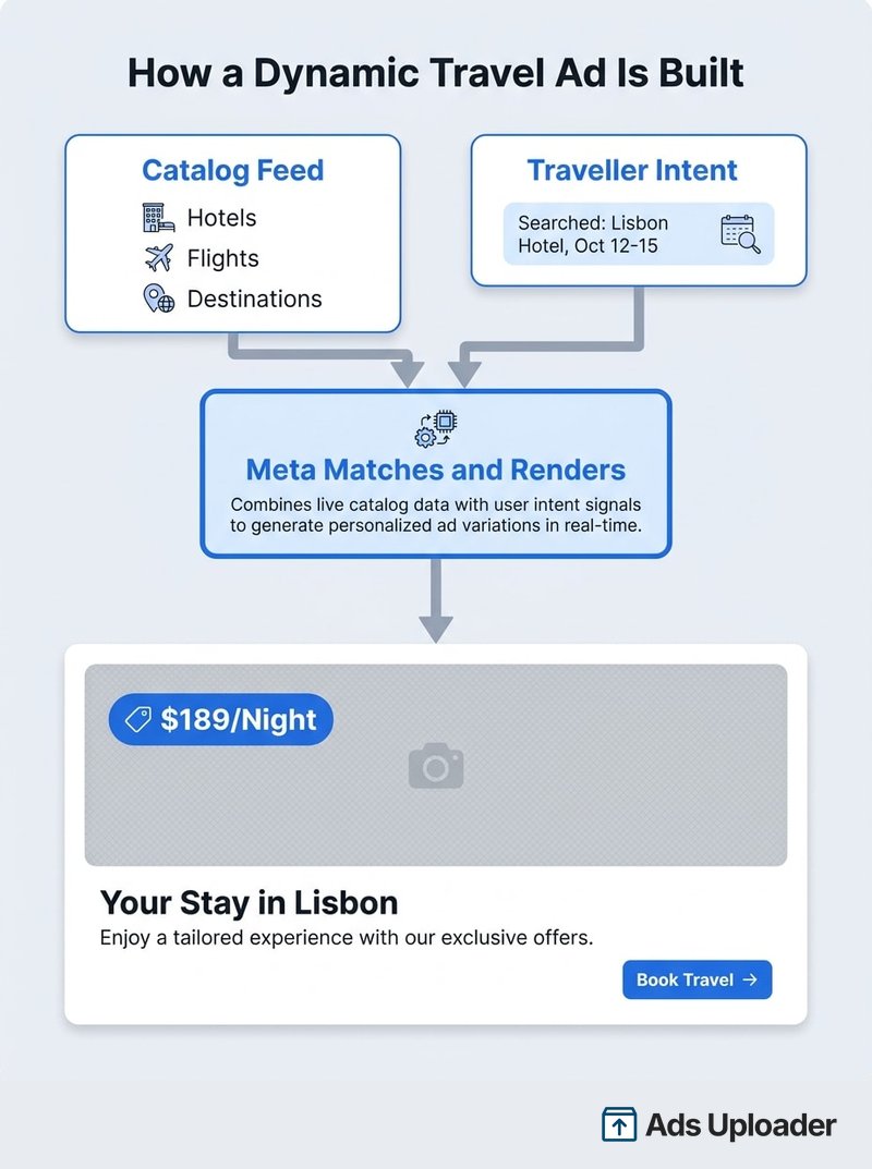 Diagram showing a catalog feed plus a traveller intent signal combining into a rendered dynamic hotel ad with a price overlay