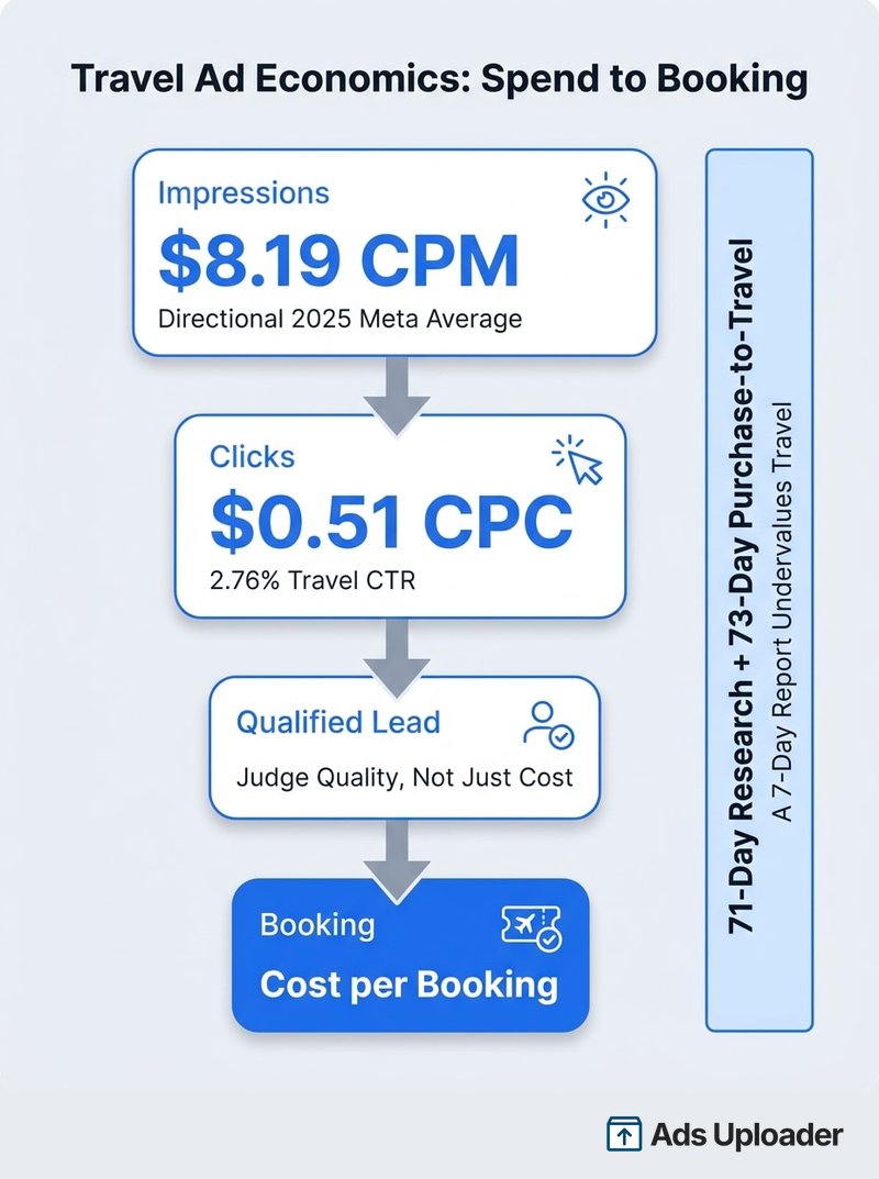 Funnel diagram showing travel ad spend moving through impressions, clicks, qualified leads and bookings with the long consideration window annotated