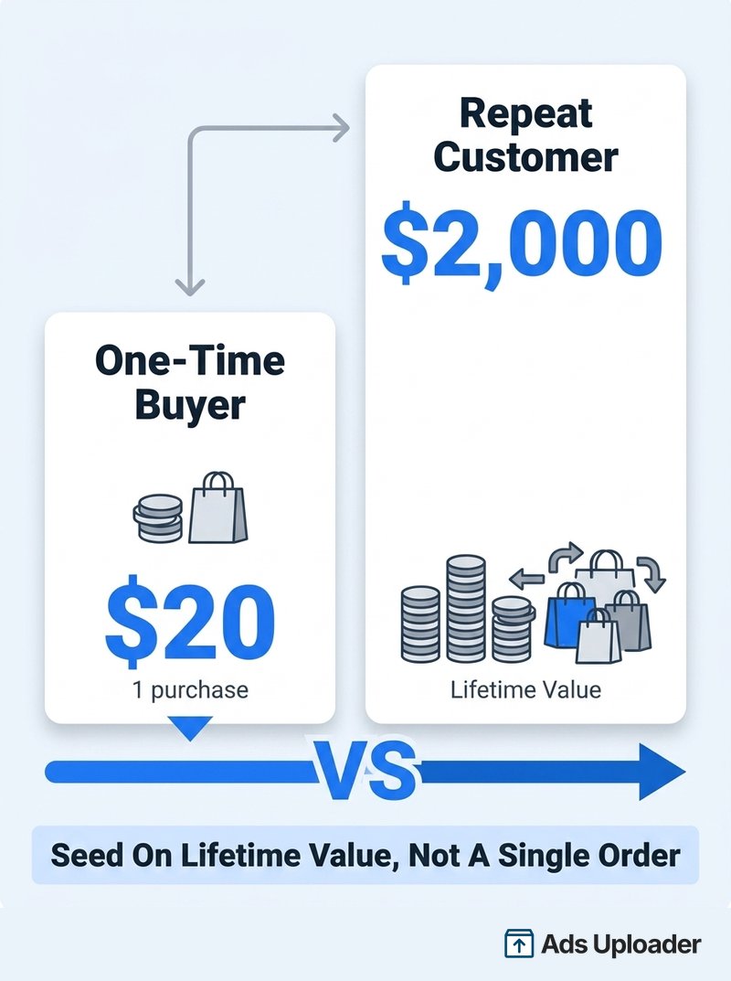 Grafico di confronto che contrappone un acquirente occasionale da venti dollari a un cliente abituale da duemila dollari di lifetime value, mostrando che il lifetime value è il segnale di seed più forte.