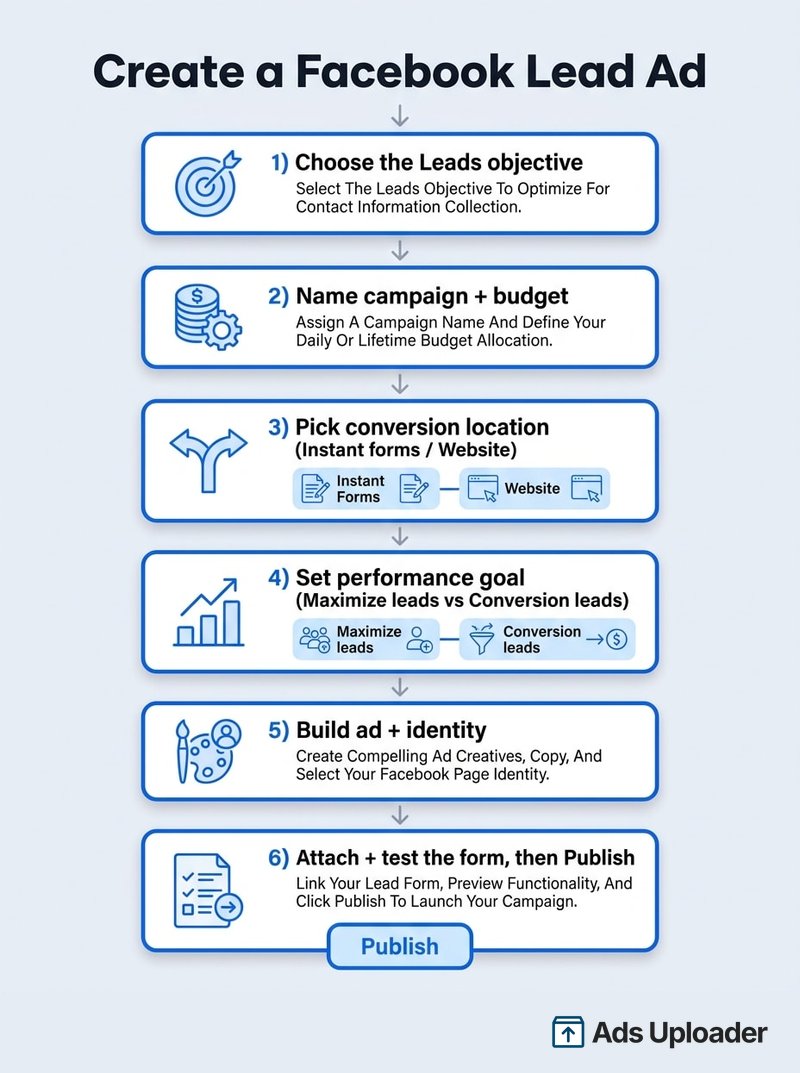 Infographie intitulée Créer une Facebook Lead Ad montrant le flux de configuration en six étapes dans l'ordre : choisir l'objectif Leads pour optimiser la collecte de contacts, nommer la campagne et définir le budget, choisir un emplacement de conversion entre formulaires instantanés et website, définir l'objectif de performance entre maximiser les leads et conversion leads, construire la créa de l'annonce et sélectionner l'identité de Page Facebook, puis attacher et tester le formulaire de lead avant de cliquer sur Publier