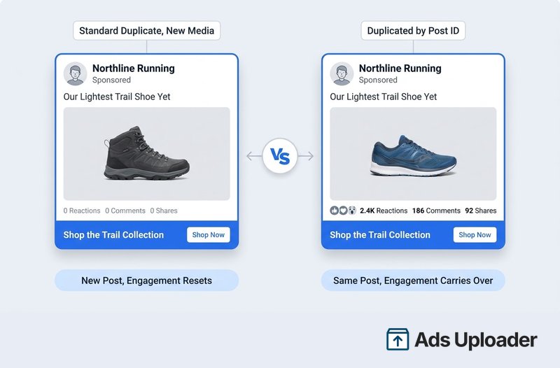 Vistas previas de anuncios de Meta lado a lado: un duplicado estándar con material nuevo que empieza en cero reacciones frente a un duplicado por Post ID que muestra los likes y comentarios originales