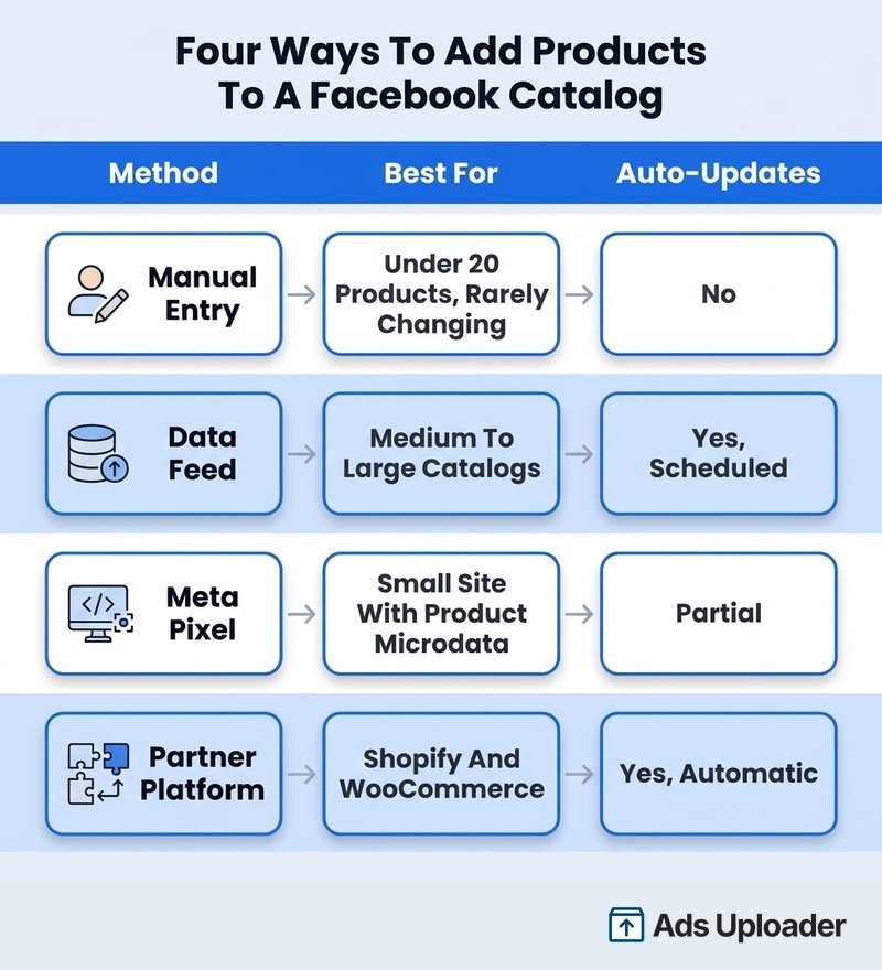 Tabella di confronto tra quattro modi per aggiungere prodotti a un catalogo Facebook: manuale, feed di dati, Meta Pixel e piattaforma partner.