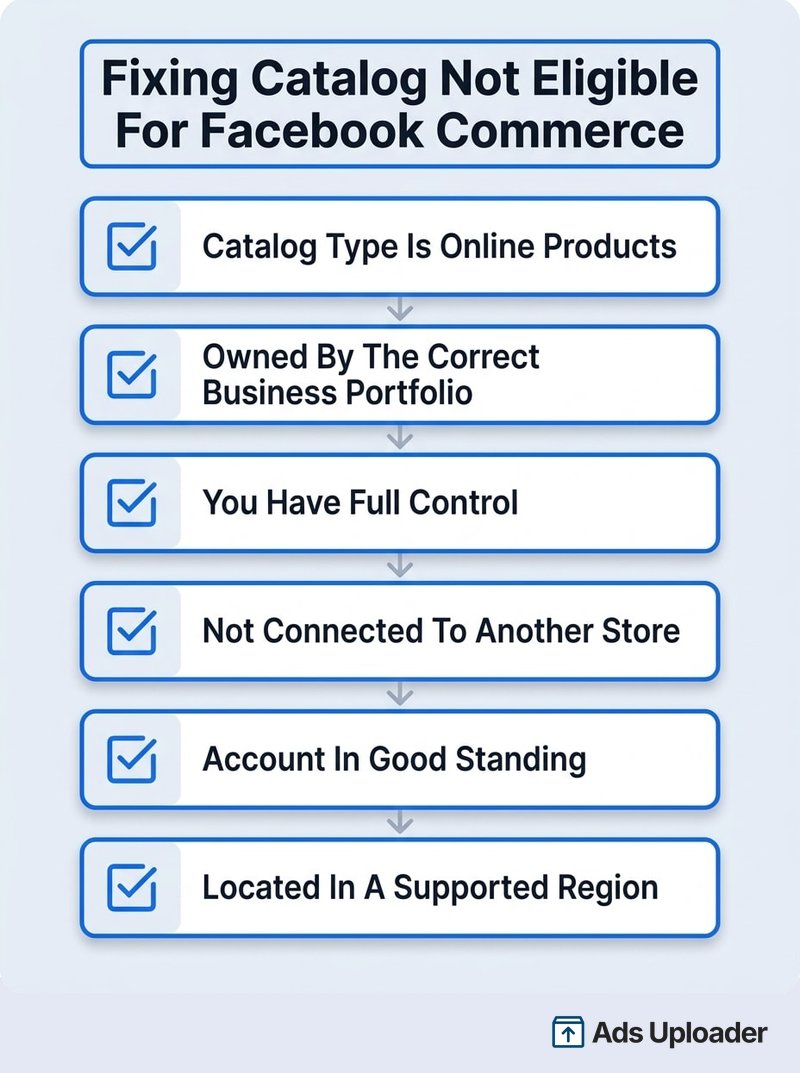 Checklist in sei punti per correggere l'errore secondo cui il catalogo selezionato non è idoneo per il commercio su Facebook, dal tipo di catalogo all'area geografica.