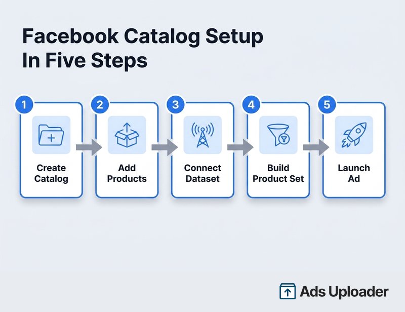 Flusso in cinque passaggi per configurare un catalogo Facebook: crea il catalogo, aggiungi i prodotti, collega il dataset, crea il product set e lancia l'annuncio.
