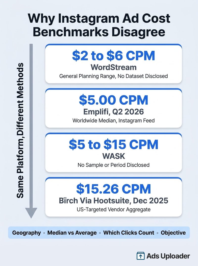 Vergleich veröffentlichter Instagram-Ad-Kosten-Benchmarks, der CPM von $2 bis $15.26 über vier Quellen mit unterschiedlichen Methodiken zeigt