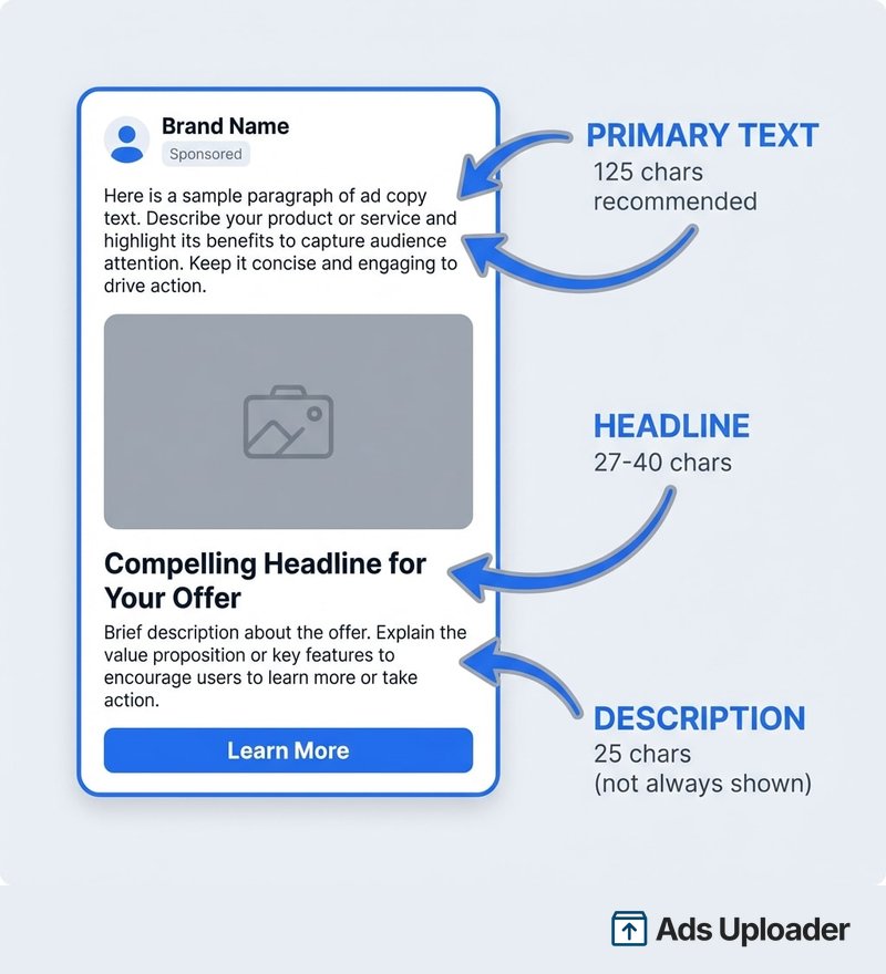 Annotated diagram showing where primary text, headline and description appear on a Meta Feed ad