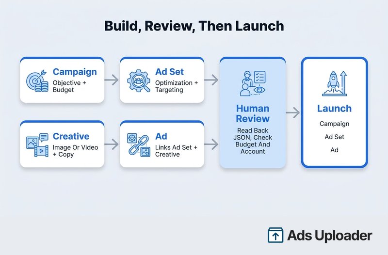 Secuencia de creación con la Meta Ads CLI: crear la campaña, el conjunto de anuncios, la creatividad y el anuncio, revisarlos y después lanzar cada capa
