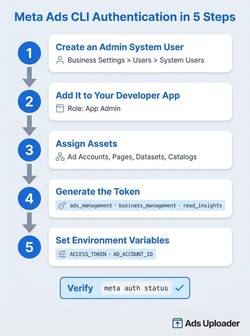 Flujo de autenticación de la Meta Ads CLI en cinco pasos: usuario del sistema administrador, app de desarrollador, asignación de activos, token con scopes y variables de entorno