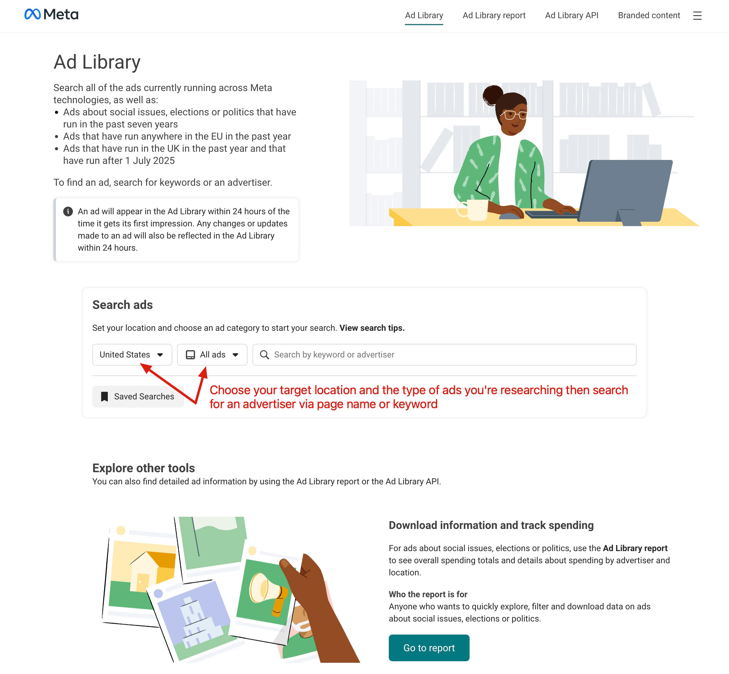 Annotated screenshot of the Meta Ads Library home screen showing the search bar, country selector, and ad category dropdown before any search is run