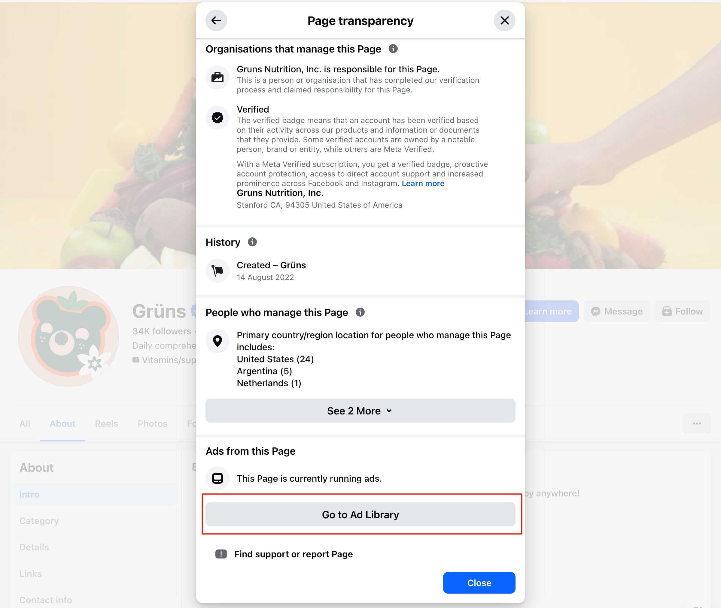 Screenshot of a Facebook Page's Page Transparency panel with the Go to Ad Library button highlighted, the shortcut to that advertiser's Meta Ads Library results