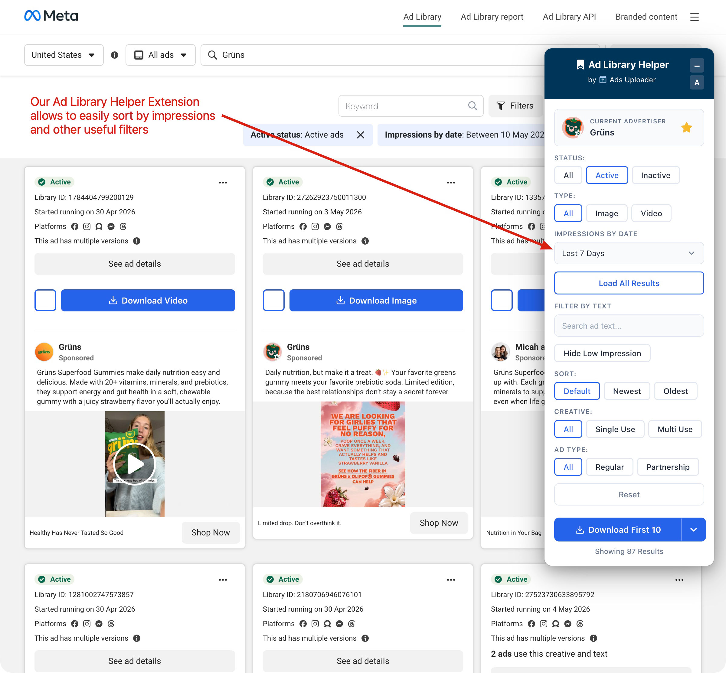 Meta Ads Library search results for an advertiser with the free Ad Library Helper extension panel open, showing its sort-by-impressions, Single and Multi Use, and Partnership filters plus one-click download