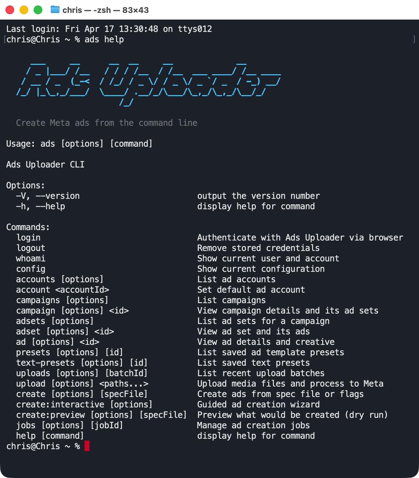 The Ads Uploader CLI showing available commands for uploading media, creating ads from spec files, previewing launches, and managing campaigns