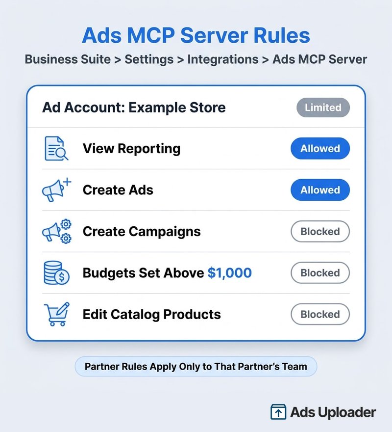 Ejemplo de reglas del servidor Ads MCP para una cuenta publicitaria: creación de campañas bloqueada, presupuestos por encima de $1,000 bloqueados, ediciones de catálogo bloqueadas, reportes permitidos