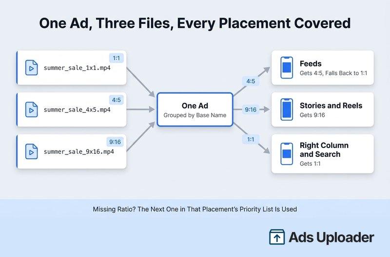 Diagramma che mostra i file video summer_sale in 1:1, 4:5 e 9:16 raggruppati in un solo annuncio Meta e instradati per proporzione ai posizionamenti Feed, Stories e Reels e colonna destra