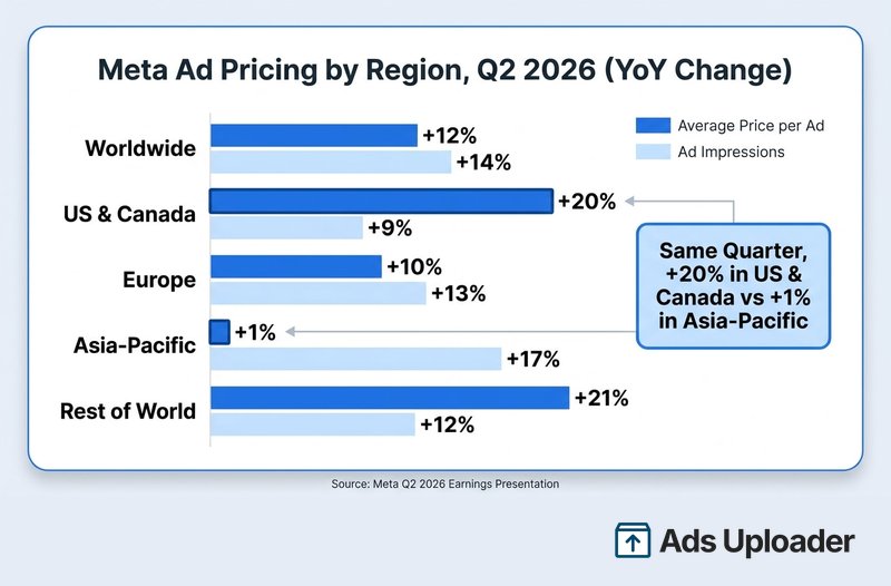 Variation en glissement annuel du prix moyen par annonce et des impressions publicitaires de Meta par région au Q2 2026, allant de plus 1 pour cent en Asie-Pacifique à plus 21 pour cent dans le Reste du monde
