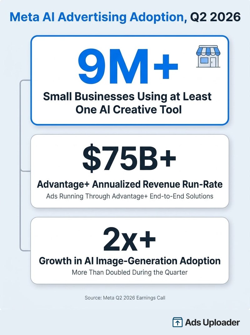Statistiques d'adoption de l'IA publicitaire de Meta : plus de 9 millions de petites entreprises utilisant un outil créatif IA, Advantage Plus au-delà de 75 milliards de dollars de run-rate annualisé, adoption de la génération d'images par IA plus que doublée au Q2 2026