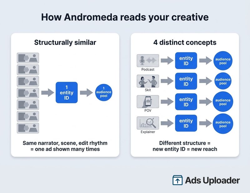 How Andromeda reads creative: eight structurally similar ads collapse into one entity ID and one audience pool, while four distinct concepts (podcast, skit, POV, explainer) each become a separate entity ID with its own audience pool