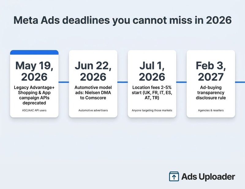 Timeline of Meta Ads deadlines in 2026: May 19 legacy Advantage+ Shopping and App campaign API deprecation, June 22 automotive Nielsen DMA to Comscore, July 1 location fees of 2-5%, February 3 2027 ad-buying transparency disclosure