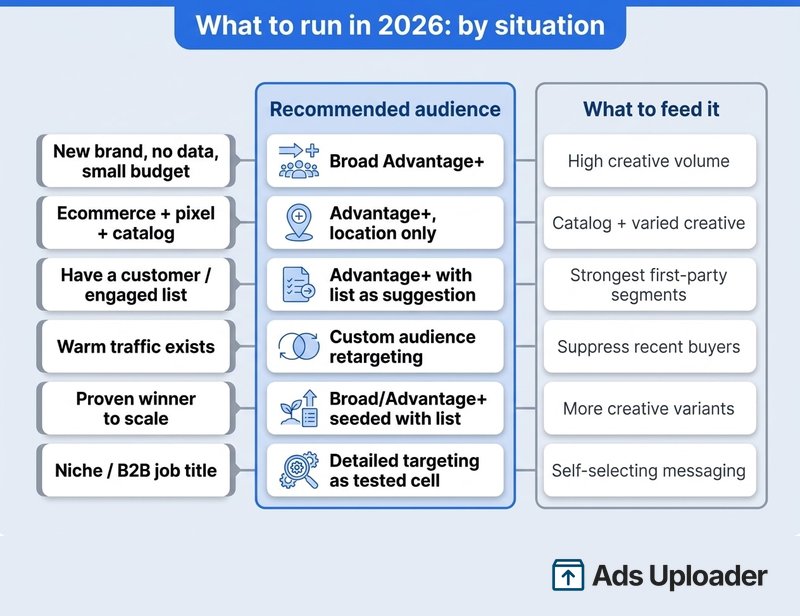 Decision table mapping advertiser situation to the recommended Meta audience type and what to feed it in 2026