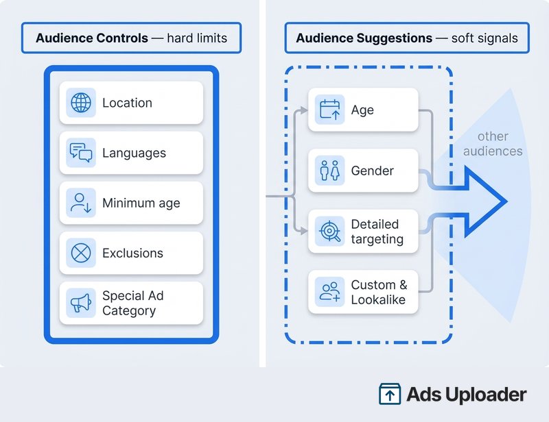 Diagram contrasting Meta audience controls as a hard wall versus audience suggestions the AI can deliver beyond