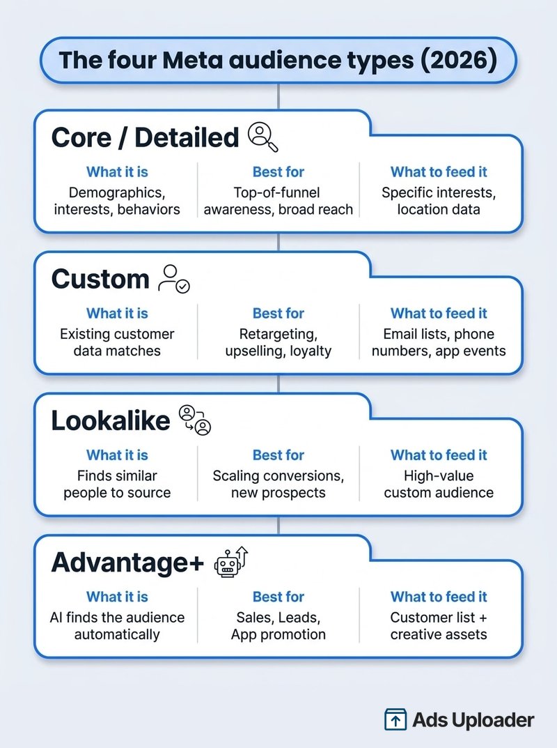 Comparison of the four Meta audience targeting types (core, custom, lookalike, and Advantage+) and what to use each for