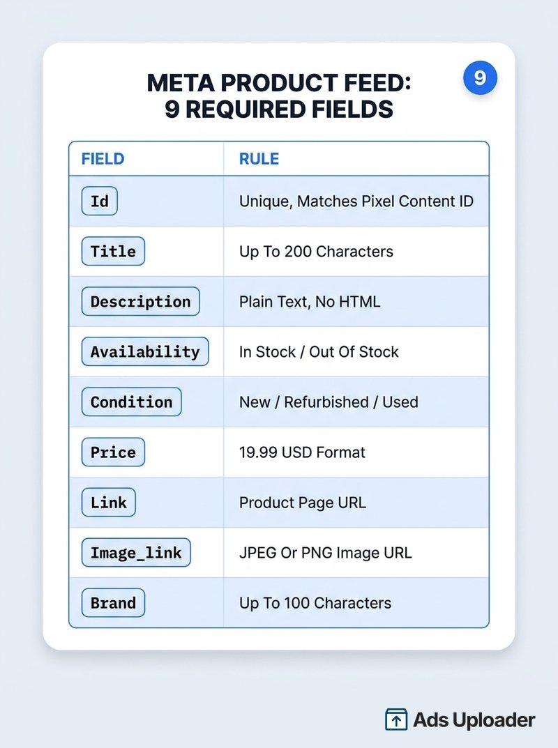 Referenz der erforderlichen Felder im Meta product feed: id, title, description, availability, condition, price, link, image_link und brand mit ihren Formatregeln.