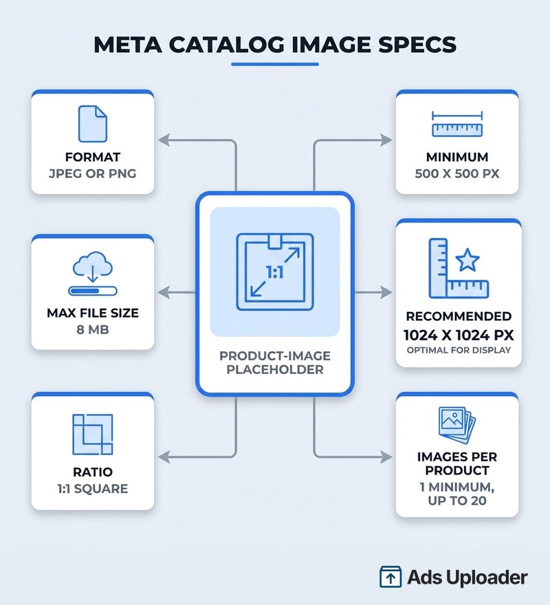 Bildspezifikationen für Meta catalog ads: JPEG oder PNG, maximal 8 MB, mindestens 500x500, empfohlen 1024x1024, quadratisches Seitenverhältnis von 1:1, mindestens ein Bild.