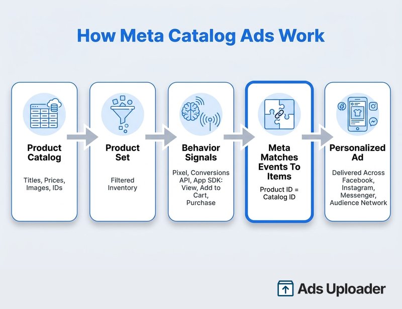 Flusso in cinque fasi che combina catalogo prodotti e product set con i segnali di Pixel e Conversions API, li abbina tramite ID prodotto e distribuisce un catalog ad personalizzato nei posizionamenti Meta