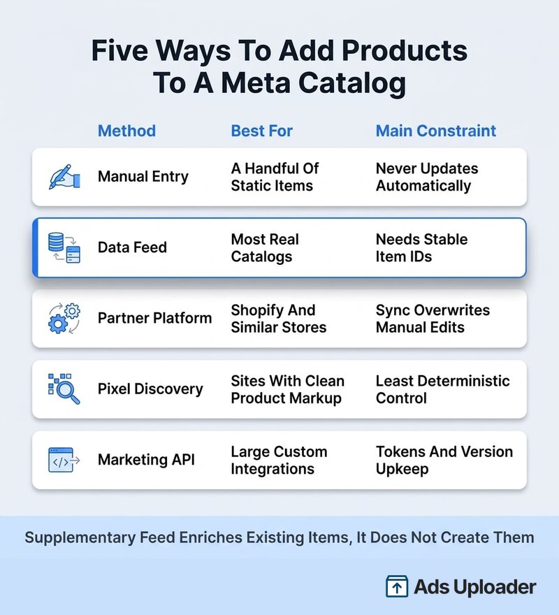 Comparison of Meta catalog data sources: manual entry, data feed, partner platform, pixel discovery and API