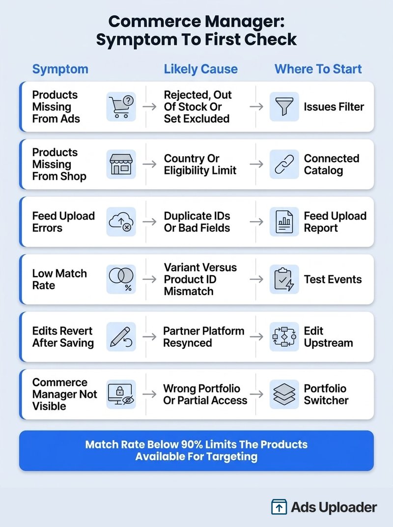 Meta Commerce Manager troubleshooting table mapping symptoms to causes and fixes