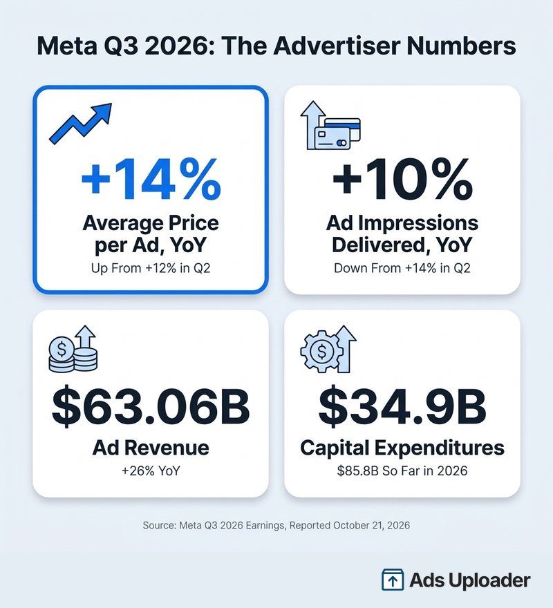 Resultados de Meta del Q3 2026 para anunciantes: precio promedio por anuncio sube 14 por ciento, impresiones suben 10 por ciento, ingresos por publicidad 63.06 mil millones de dólares, capex 34.9 mil millones de dólares