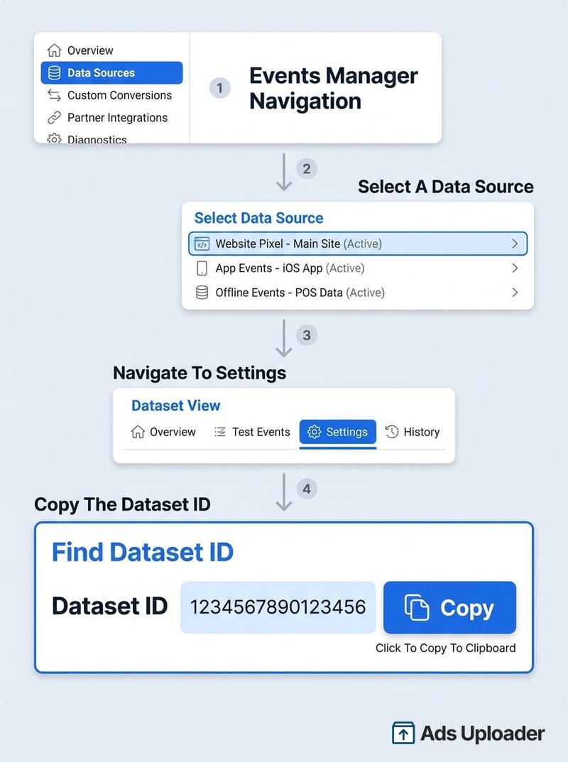 Vierstufiger Weg im Meta Events Manager von Data Sources im linken Menü zum ausgewählten Dataset, zum Tab Settings und zum hervorgehobenen Dataset-ID-Feld mit einem Kopier-Button.