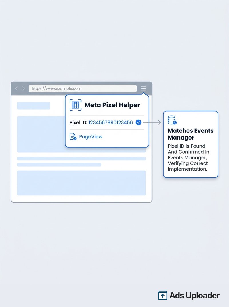 Meta Pixel Helper Panel auf einer Live-Webseite, das eine Pixel-ID und ein PageView-Event anzeigt, mit einem Häkchen, das bestätigt, dass die ID mit dem Events Manager übereinstimmt.