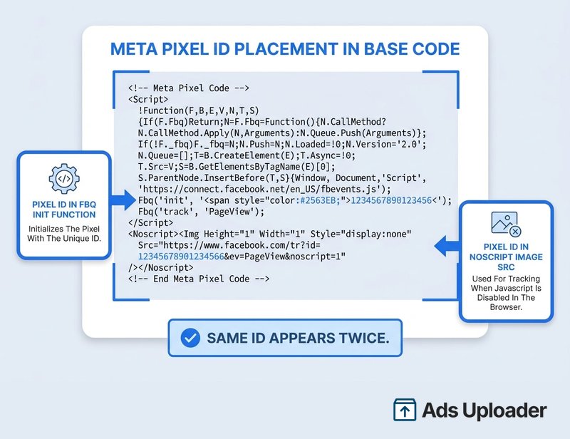 Annotiertes Meta-Pixel-Base-Code-Snippet mit zwei Callouts, die die Pixel-ID hervorheben, wo sie zweimal erscheint, einmal in der fbq-init-Zeile und einmal im id-Parameter des noscript-Bilds.